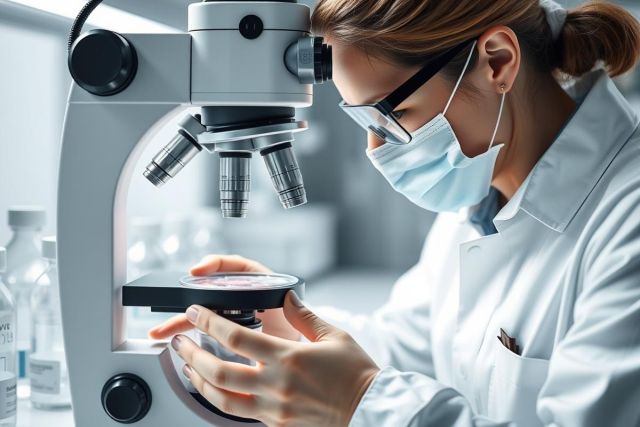 Scientist in white lab coat and face mask examining a microscope slide. Close-up view of lab equipment in a modern research environment. Focus on scientific analysis, biology, and laboratory work with a clean, bright aesthetic.