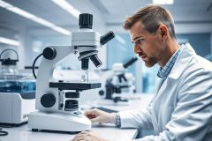 Scientist in a modern laboratory using a microscope. The image features a man in a white lab coat, focused on research within a clean, bright, and sterile environment. Predominant colors are white, gray, and blue, conveying a professional and scientific setting. Focus on medical research, biology, and laboratory work.