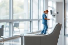 Healthcare setting: A blurred view of a nurse in blue scrubs walking down a bright, modern hospital hallway. Large windows offer a glimpse of greenery outside. The scene features a comfortable waiting area chair and table, suggesting a calm and clean environment.