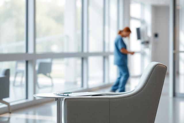 Healthcare setting: A blurred view of a nurse in blue scrubs walking down a bright, modern hospital hallway. Large windows offer a glimpse of greenery outside. The scene features a comfortable waiting area chair and table, suggesting a calm and clean environment.