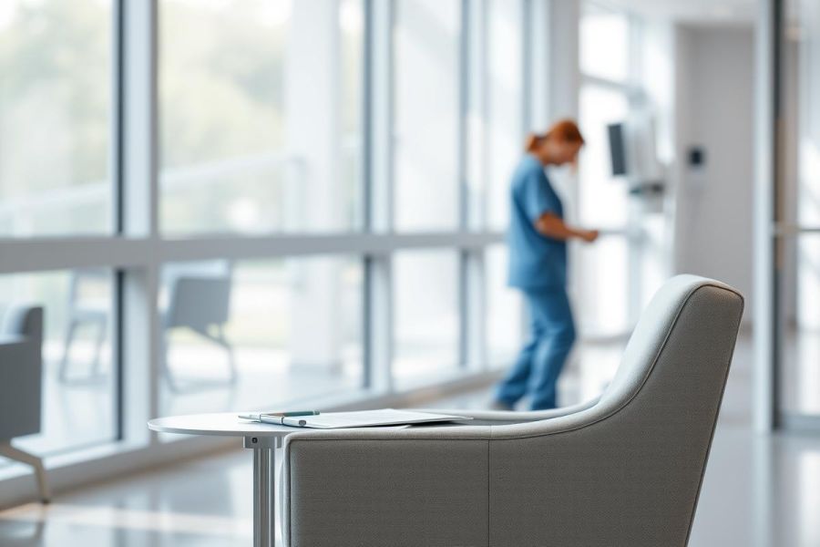 Healthcare setting: A blurred view of a nurse in blue scrubs walking down a bright, modern hospital hallway. Large windows offer a glimpse of greenery outside. The scene features a comfortable waiting area chair and table, suggesting a calm and clean environment.