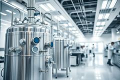 Modern pharmaceutical laboratory with stainless steel tanks and equipment. Scientists in white coats work in a clean, bright environment. Focus on industrial machinery, research, and science. Blue and silver color palette, showcasing advanced technology and a sterile setting.