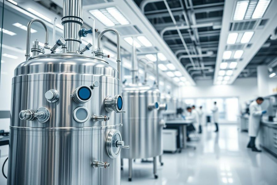 Modern pharmaceutical laboratory with stainless steel tanks and equipment. Scientists in white coats work in a clean, bright environment. Focus on industrial machinery, research, and science. Blue and silver color palette, showcasing advanced technology and a sterile setting.