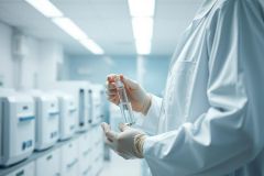 Scientist in a lab coat holding a test tube in a modern laboratory. The scene features clean white walls, blue accents, and medical equipment, suggesting research or analysis. Focus on scientific work and laboratory setting.
