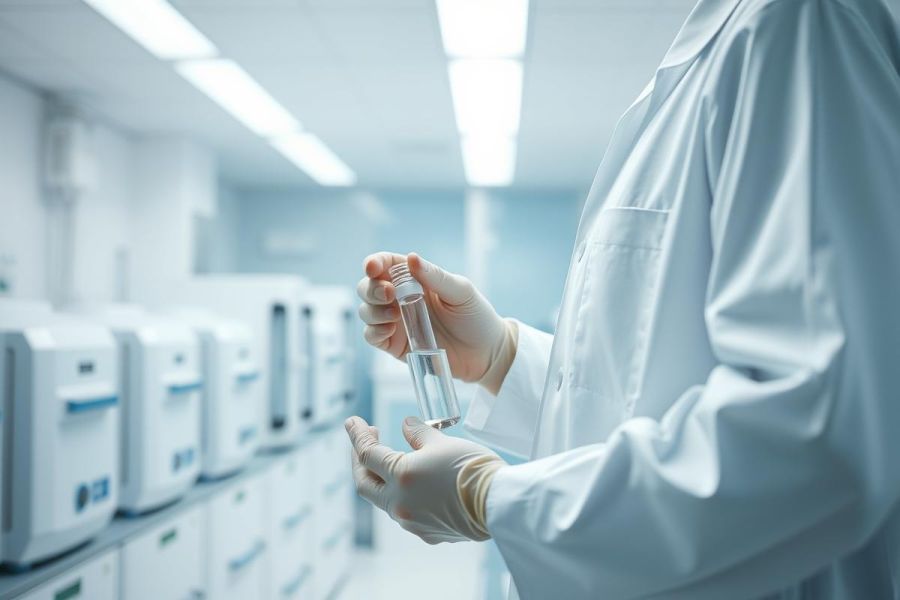 Scientist in a lab coat holding a test tube in a modern laboratory. The scene features clean white walls, blue accents, and medical equipment, suggesting research or analysis. Focus on scientific work and laboratory setting.