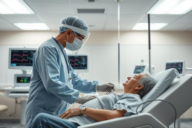 Healthcare professional in blue scrubs and face shield examining an elderly patient in a hospital bed. Medical equipment and monitors visible in a bright, modern clinical setting. Focus on patient care and medical examination.