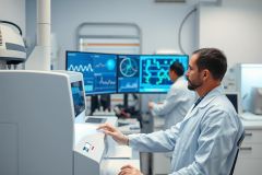 Scientists working in a modern laboratory with advanced equipment. A man in a white lab coat operates a machine with multiple blue-lit monitors displaying complex data and schematics. Clean, bright environment suggests research and technology.