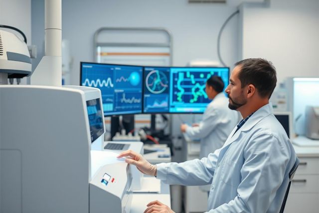 Scientists working in a modern laboratory with advanced equipment. A man in a white lab coat operates a machine with multiple blue-lit monitors displaying complex data and schematics. Clean, bright environment suggests research and technology.