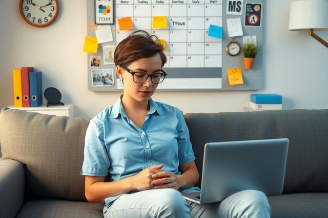 The image depicts a woman in casual office attire, working on her laptop. She is seated comfortably on a couch with the laptop in her lap. The room has a homey atmosphere with personal items such as books and a small potted plant visible.