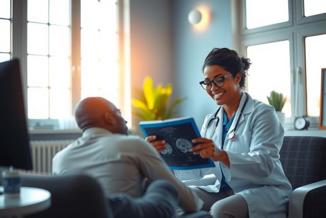 Doctor examining an X-ray with a patient in a brightly lit clinic setting. Medical professional discussing diagnosis, healthcare, and patient care.