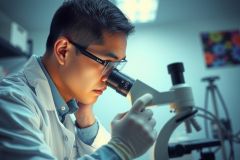 Scientist examining a sample under a microscope in a laboratory setting. Wearing a lab coat and gloves, focused on research with scientific equipment. Bright, clean environment.