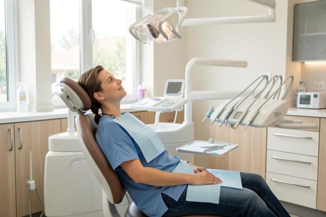 Relaxed patient reclining in a modern dental operatory during a pre-treatment consultation.