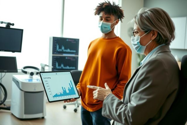 Doctor reviewing patient data on a tablet in a medical lab. A young man stands nearby. The scene includes monitors displaying waveforms and equipment in a modern healthcare setting.