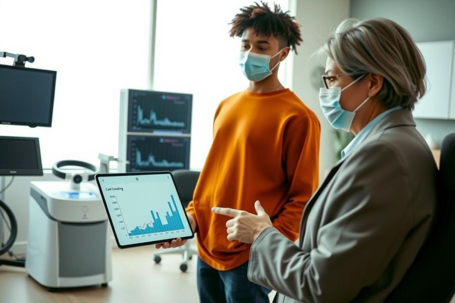 Doctor reviewing patient data on a tablet in a medical lab. A young man stands nearby. The scene includes monitors displaying waveforms and equipment in a modern healthcare setting.