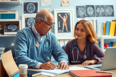 This is a professional setting where two doctors are examining medical records. They are sitting across from each other at a table with various medical textbooks and diagrams in the background, indicating an educational or clinical environment.