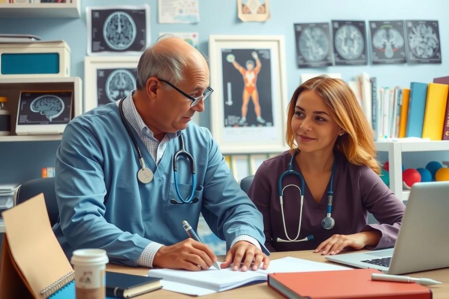 This is a professional setting where two doctors are examining medical records. They are sitting across from each other at a table with various medical textbooks and diagrams in the background, indicating an educational or clinical environment.