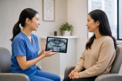 Dentist in scrubs explaining a dental X-ray on a tablet to a seated patient in clinic.