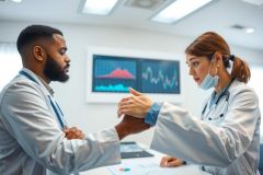Two doctors in white coats discussing patient data in a modern medical setting. One doctor gestures while the other listens attentively. The scene features medical charts and equipment, emphasizing healthcare and collaboration.