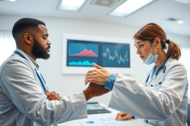 Two doctors in white coats discussing patient data in a modern medical setting. One doctor gestures while the other listens attentively. The scene features medical charts and equipment, emphasizing healthcare and collaboration.