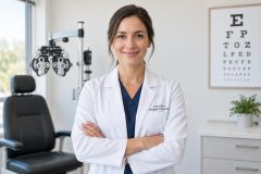 Ophthalmologist standing in exam room with phoropter and eye chart, confident portrait.