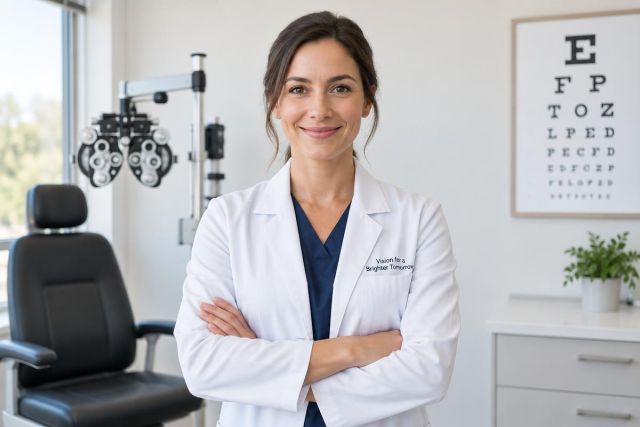 Ophthalmologist standing in exam room with phoropter and eye chart, confident portrait.