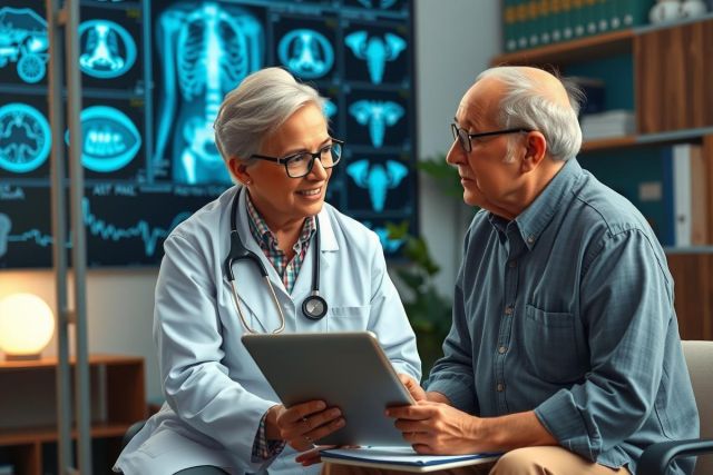 An older woman doctor, wearing a white coat and stethoscope, sitting down with a tablet in front of her, talking to an elderly man in glasses about his health. They are in a modern, well-lit office with medical equipment and charts on the wall.