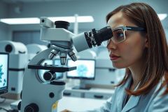 Scientist using a microscope in a lab. Focus on research, analysis, and scientific discovery. White coat, glasses, and lab equipment visible. Modern laboratory setting.