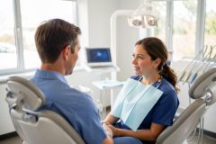 Dentist and patient talking in a bright dental exam room as the clinician listens and discusses smile goals.