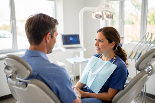 Dentist and patient talking in a bright dental exam room as the clinician listens and discusses smile goals.