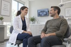 Dentist consulting smiling middle-aged male patient in modern dental operatory with dental X-ray.