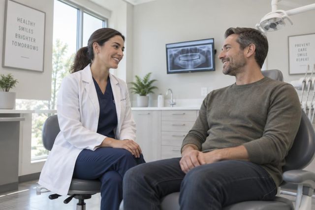 Dentist consulting smiling middle-aged male patient in modern dental operatory with dental X-ray.