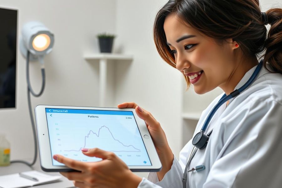 Female doctor in a white coat examining a graph on a tablet. Healthcare professional reviewing patient data in a modern clinic setting. Medical technology, patient care, diagnostics.