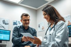 Doctor consults with a patient in a modern clinic. A female doctor wearing a white coat and stethoscope shows a tablet to a male patient. The setting is a bright, clean examination room with medical posters visible. Focus on healthcare, consultation, and digital technology in a medical environment.