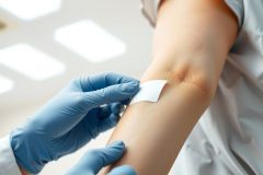 Close-up of a hand in blue gloves applying a bandage to an arm. Healthcare scene, medical care, injury, or wound dressing. White bandage on skin.