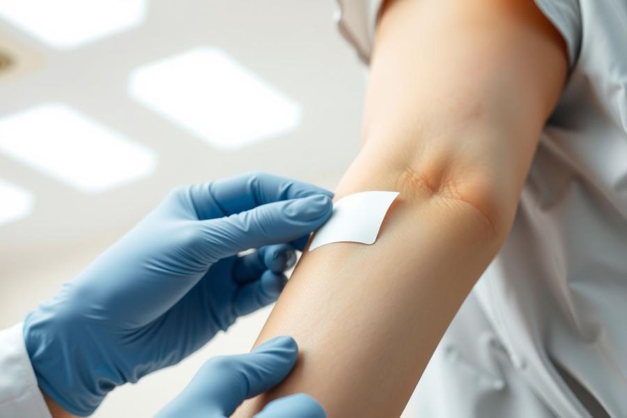 Close-up of a hand in blue gloves applying a bandage to an arm. Healthcare scene, medical care, injury, or wound dressing. White bandage on skin.