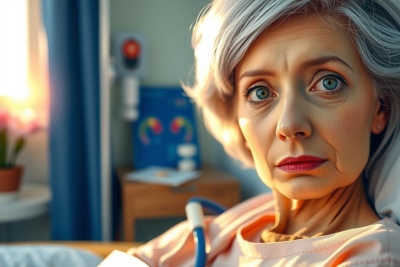 In the image, there is an elderly woman lying on a hospital bed. She has light-colored hair and appears to be wearing medical scrubs. Her facial expression suggests that she might be in pain or discomfort. The room has a clinical atmosphere with blue walls and various pieces of medical equipment around her.