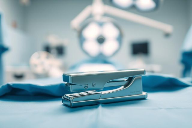 A silver stapler rests on a blue surgical drape in a blurred operating room setting. The image features medical equipment and blue lighting, creating a sterile and clinical atmosphere. Focus is on the stapler, suggesting office supplies in a healthcare context.
