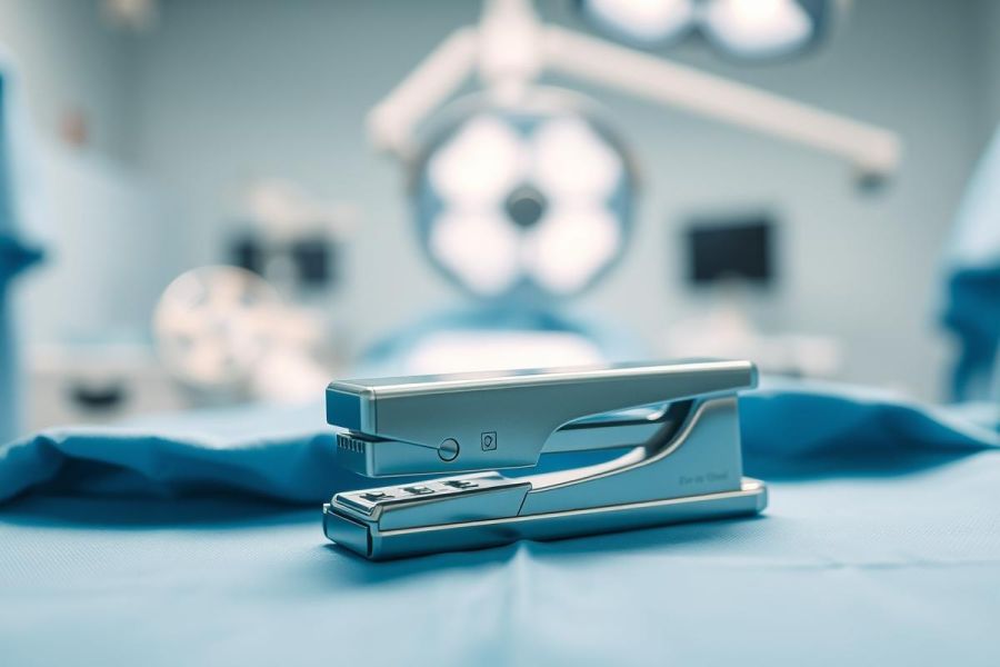 A silver stapler rests on a blue surgical drape in a blurred operating room setting. The image features medical equipment and blue lighting, creating a sterile and clinical atmosphere. Focus is on the stapler, suggesting office supplies in a healthcare context.