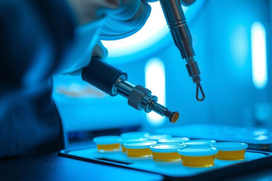 Robotic arm precisely dispensing yellow liquid into small containers on a lab tray. The scene is lit with cool blue light, suggesting a sterile laboratory environment. High-tech, automation, precision.