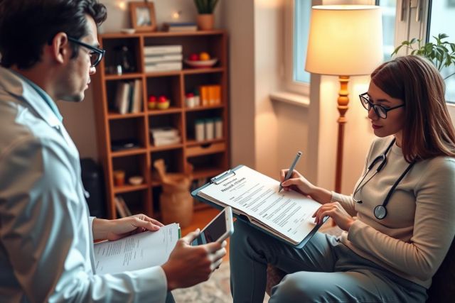 Two medical professionals, likely doctors, engaged in a discussion. One is seated at a desk with a clipboard and documents, while the other stands beside them, also examining papers. They are wearing professional attire indicative of their roles.