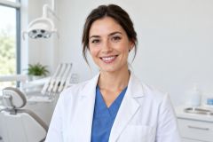 Smiling female dentist in scrubs and white coat inside a modern dental operatory.