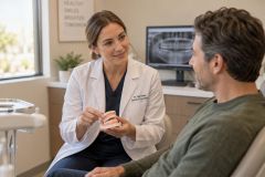 Dentist explains anesthesia check using dental model to seated patient in clinic.