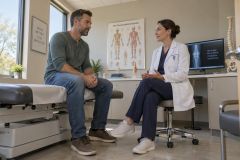 Orthopedic surgeon consulting with middle-aged male patient in bright exam room, anatomical charts visible.