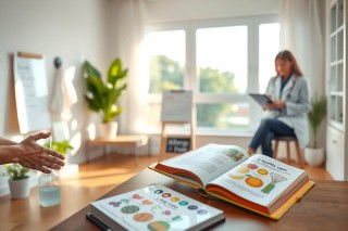 The image features a person seated at a table, engaging in a discussion with another person who is standing. The environment suggests an office or educational setting. There are various books on the table, indicating a focus on literature or learning. A laptop and smartphone are also present, suggesting technology use. The overall scene conveys a collaborative or educational context.