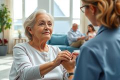 A young woman comforts an elderly person by holding their hand. A warm interior with soft lighting and a relaxed atmosphere. Themes of wellness, support, empathy, and connection.