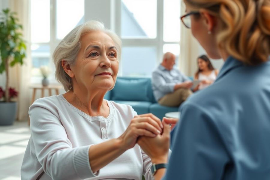 A young woman comforts an elderly person by holding their hand. A warm interior with soft lighting and a relaxed atmosphere. Themes of wellness, support, empathy, and connection.