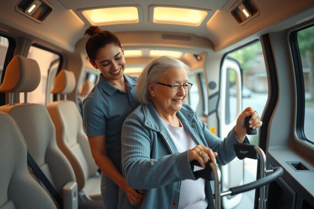 An elderly woman with a walking stick receives assistance from a caregiver inside a van. The scene conveys themes of senior care, mobility, and support. The interior is brightly lit, showcasing a comfortable and accessible environment.