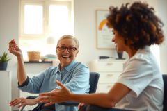 Two women having a conversation. One older woman with glasses and a blue shirt is gesturing while the younger woman listens. They are sitting in a brightly lit room with a warm, friendly atmosphere.