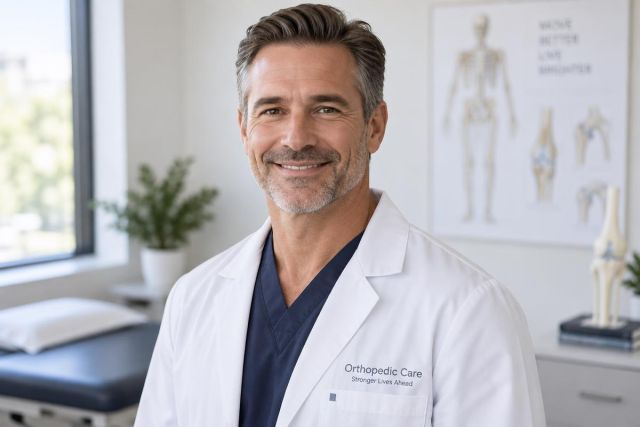 Smiling orthopedic surgeon in clinic with knee anatomy poster and model in background