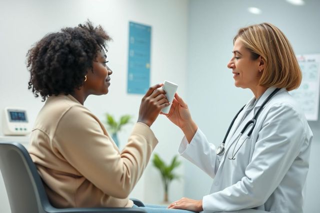 Doctor handing pills to a patient during a consultation. Healthcare scene in a bright, modern clinic setting. Focus on medical care, wellness, and patient-doctor interaction. Warm tones and professional environment.